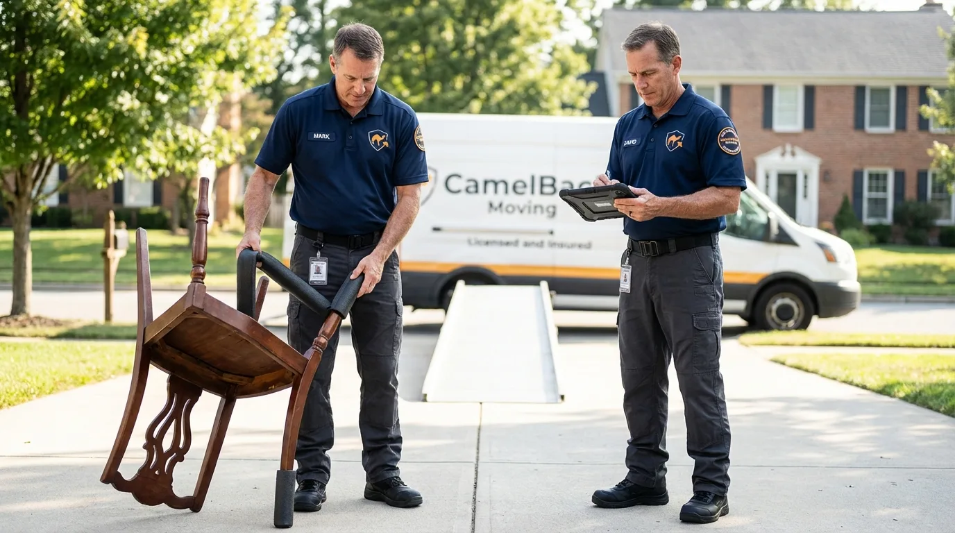 Movers inspecting furniture for damage prevention before loading in Palestine, IL