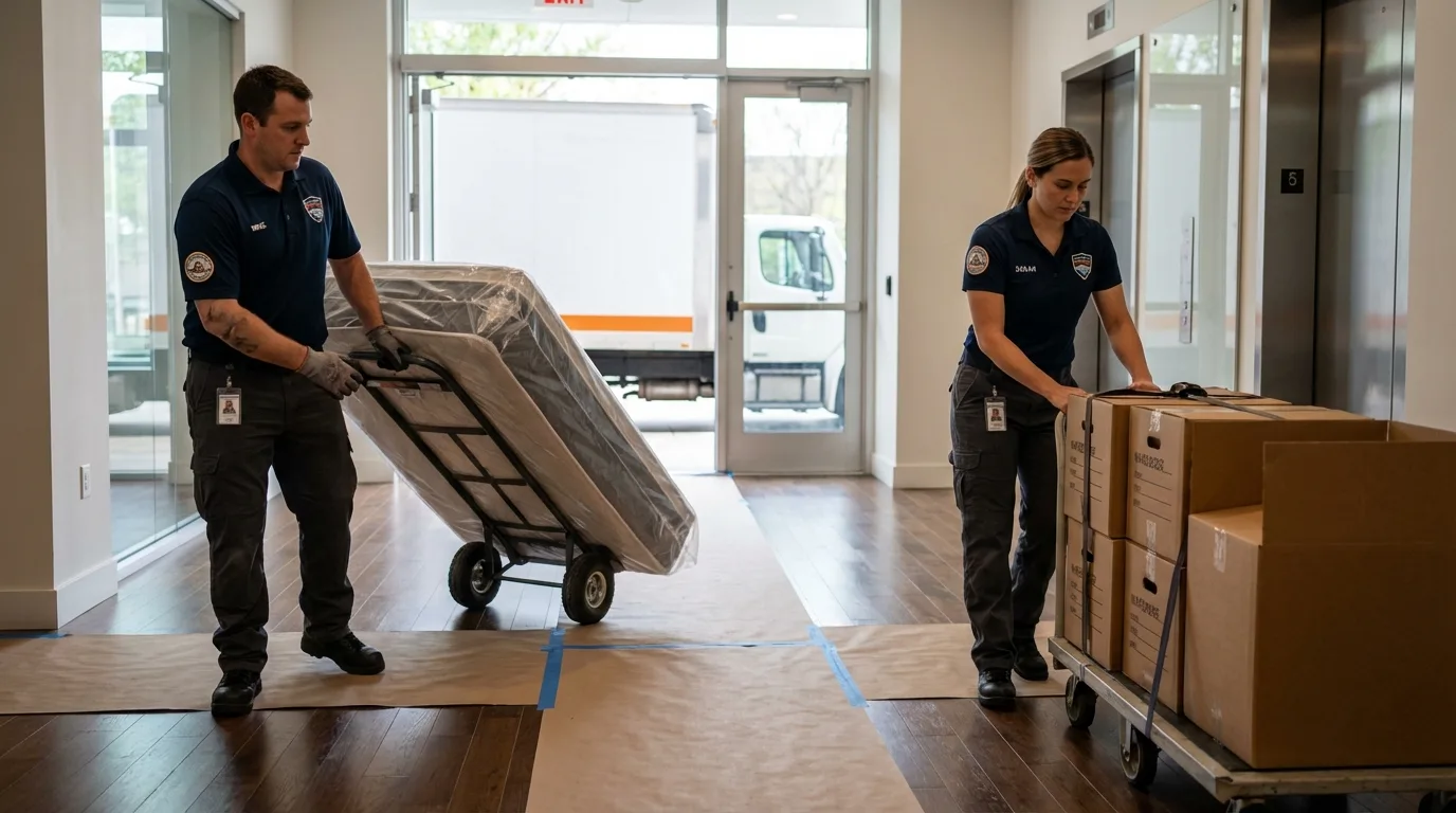 Professional apartment movers loading elevator in Palestine, IL
